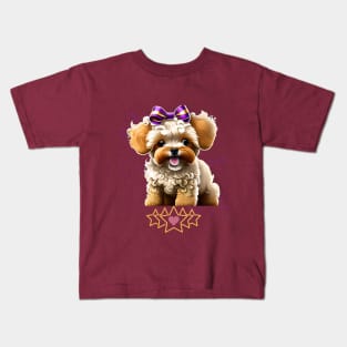 Maltipoo sweet puppy with a purple bow Kids T-Shirt